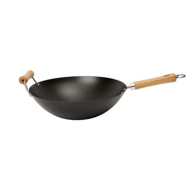 14-inch non-stick carbon steel wok, perfect for stir-frying and deep-frying meals for 4-6 people, easy to clean.