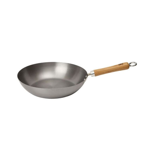 12-inch carbon steel wok with dimpled surface for low-oil stir frying, perfect for meals serving 3-4 people.