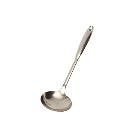 Stainless steel 36cm ladle designed for easy serving of soups and sauces, featuring an ergonomic handle for a secure grip.