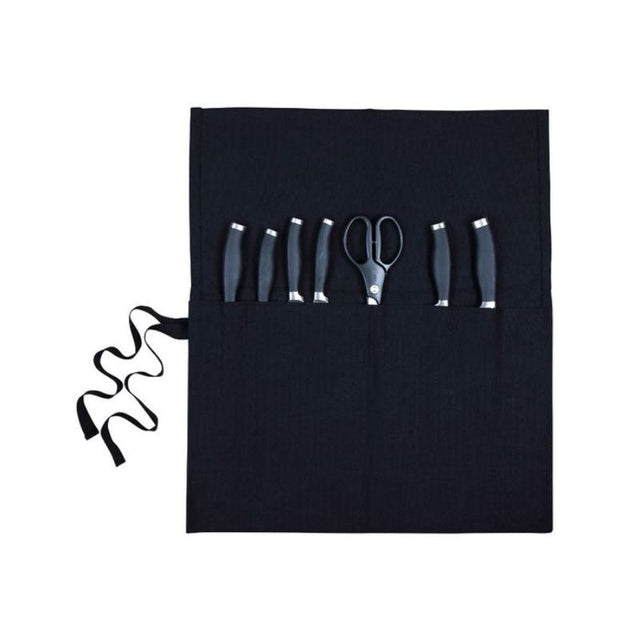 Dexam Black Canvas Knife Roll, 53x32cm, holds 10 knives and sharpening steel, perfect for chefs and culinary enthusiasts.