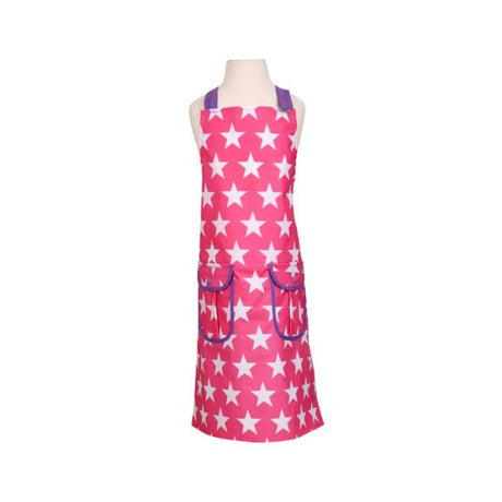 Bright pink children's apron with star print, featuring waterproof PVC, pockets for tools, and adjustable neck strap.