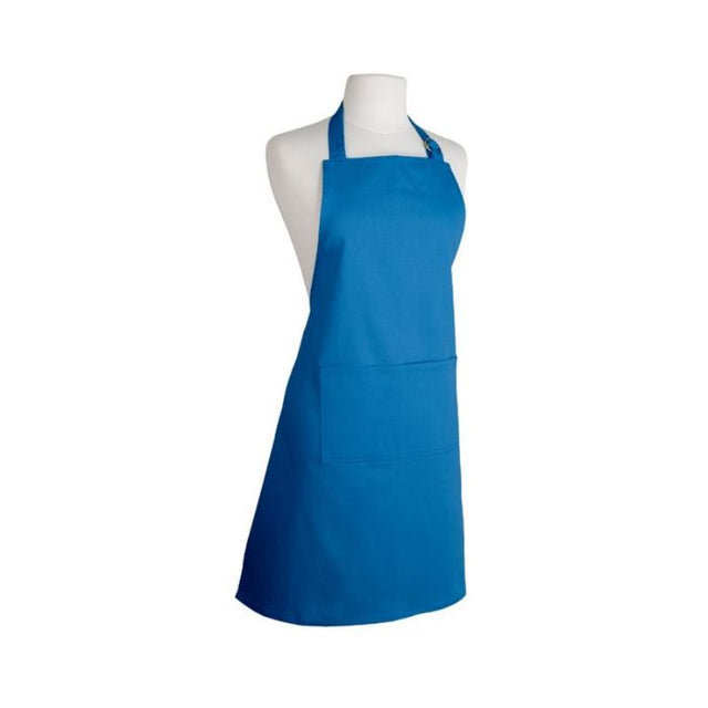 Adult apron in vibrant Moroccan Blue, made from 100% cotton with adjustable neck strap and front pocket for utensils.