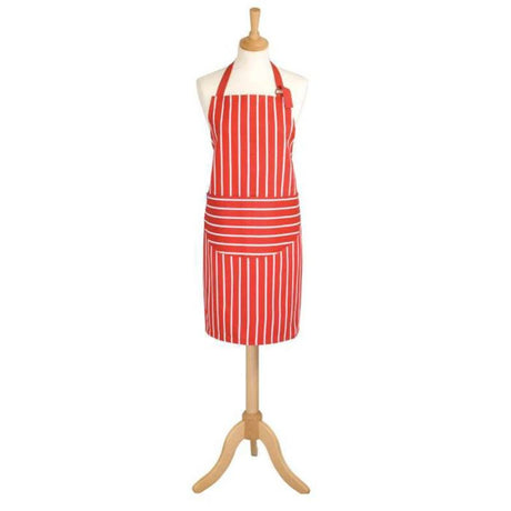 Classic red butcher's stripe apron, 100% cotton, adjustable necktie, and front pocket for convenience, perfect for chefs.