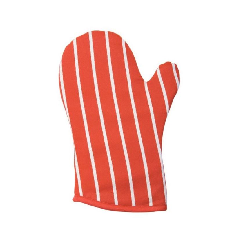 Red butchers stripe gauntlet (30cm) designed for heat protection, featuring cotton outer, polyester fill, and hanging loop.