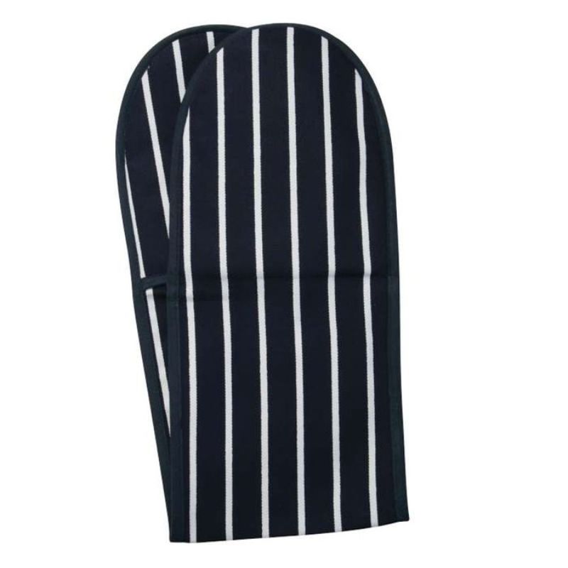 Navy double oven glove with butchers stripes, 86cm, offering heat protection and style for kitchen safety.