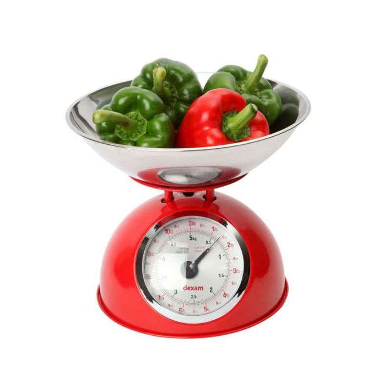 Dexam Retro Kitchen Scales in vibrant red, featuring a stainless steel bowl, precise measurements, and glossy finish.