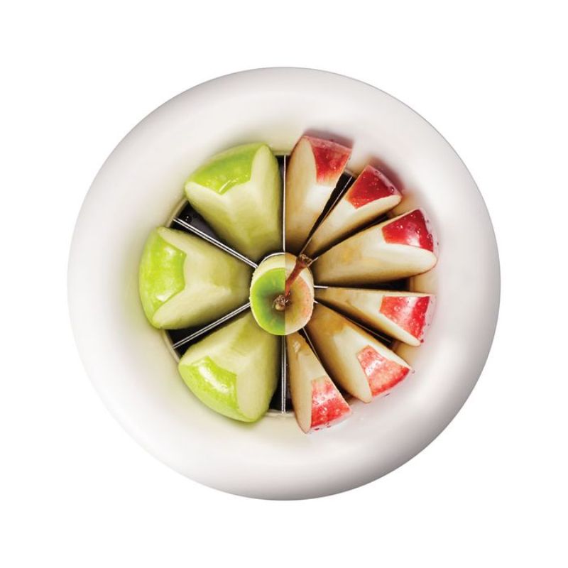 "Ergonomic apple slicer with stainless steel blades, cores and slices apples into 6 or 12 wedges with a simple twist action."