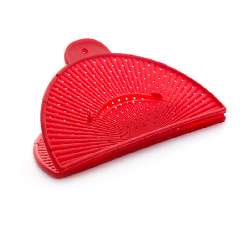 Red foldable splatter screen made of LFGB silicone; dishwasher safe, compact design for easy storage, ideal for frying and sautéing.