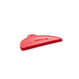 Red foldable splatter screen made of silicone with stainless steel; lifts to check food while preventing mess.