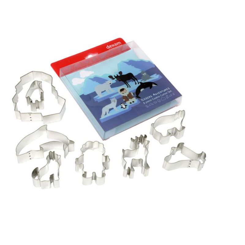 Set of 8 ice-themed cookie cutters including a fox, whale, and penguin, perfect for festive baking adventures.