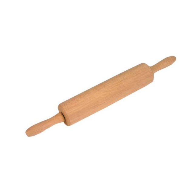 Revolving wooden rolling pin (45cm) with spinning handles, crafted from durable beech wood for effortless dough rolling.