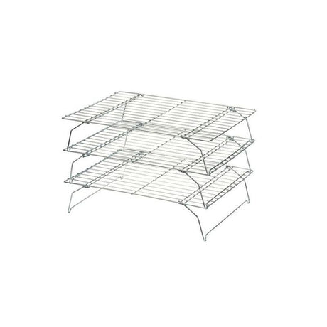 Set of 3 stackable cooling racks in rectangular grid design, perfect for cooling baked goods efficiently.