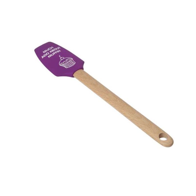 Purple silicone spatula with ergonomic beech handle, perfect for mixing, folding, and scraping in the kitchen.