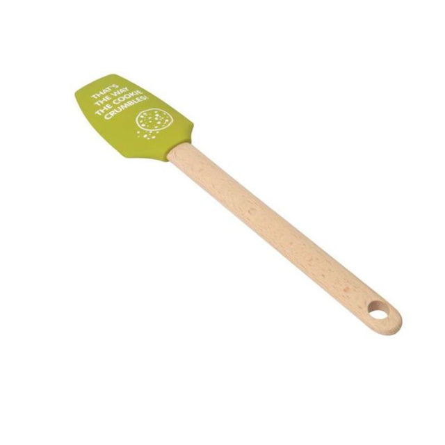 Green silicone spatula with ergonomic beech handle, ideal for baking and cooking, heat-resistant and easy to clean.