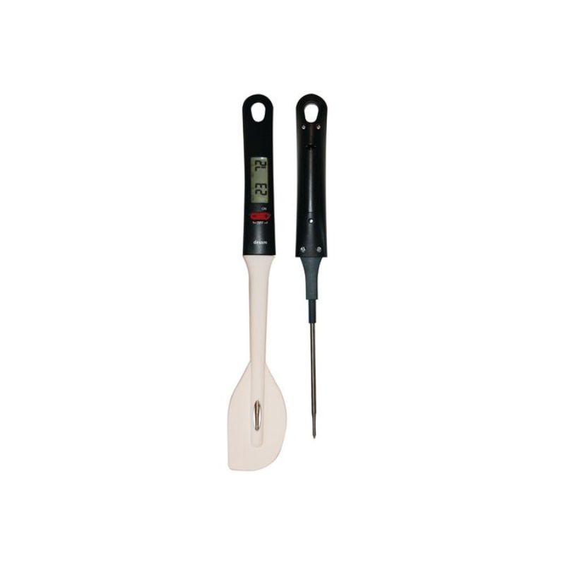 Versatile 32cm kitchen spoon with heat-resistant silicone head and detachable thermometer for precise cooking and stirring.