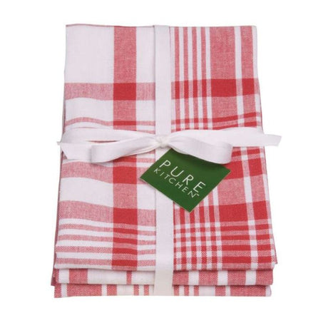 Extra-large red check tea towels set of 3, 100% cotton, perfect for drying dishes and adding color to your kitchen.