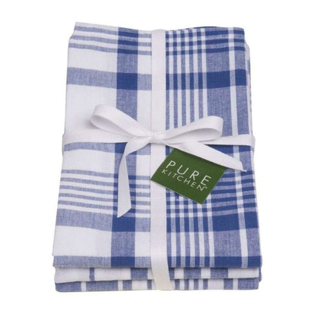 Set of 3 Dexam Jumbo Check Royal Blue tea towels, extra large, 100% cotton, stylish for drying dishes and enhancing kitchens.