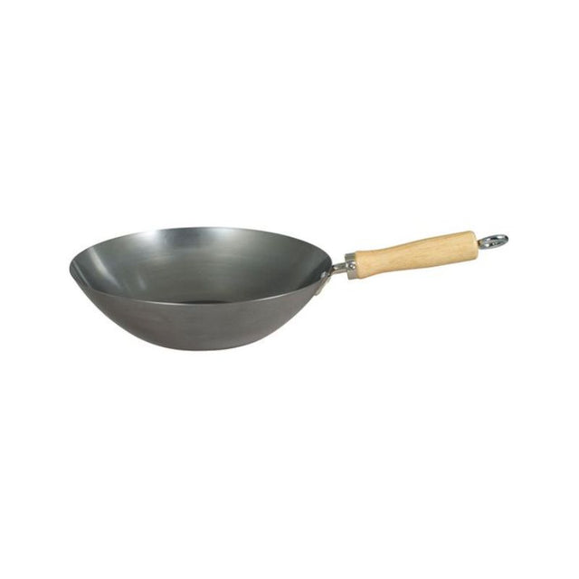 WOK made of 1.2mm carbon steel, 27cm size, with wooden handle; ideal for stir-frying and compatible with all hob types.