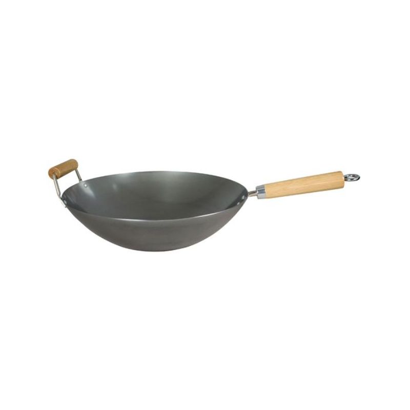 Heavy 34CM carbon steel wok with helper handle, ideal for stir-frying, featuring a flat base and cool wooden handle.