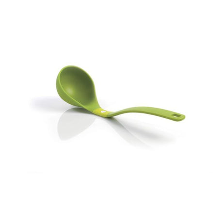 Green fiberglass reinforced nylon ladle, 34.5cm, with innovative design to keep the head off surfaces, perfect for versatile cooking.