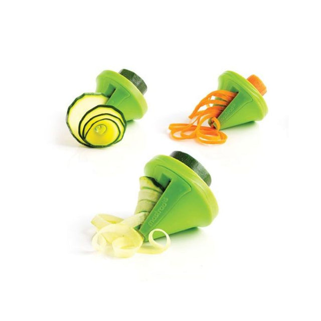 VEGGIE DECO SLICER by MASTRAD with three blades for making ribbons and juliennes, includes finger guard and storage solutions.