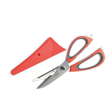 Mastrad multi-purpose scissors with detachable stainless steel blades, 12 functions, ergonomic handles, and a magnetic holder.