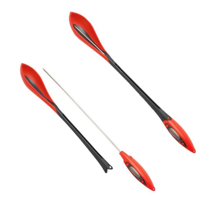 Red thermometer spoon with silicone head, measuring from -40°C to 250°C, ideal for accurate cooking and stirring in deep pots.