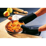 Mastrad Pro Silicone Oven Mitt in black, 11" long, heat-resistant up to 570°F, ideal for safe handling of hot cookware.