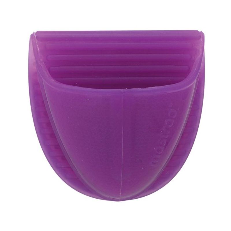 Purple Mastrad silicone finger guards for safe lifting of hot cookware, featuring non-slip grooves and a flexible design.