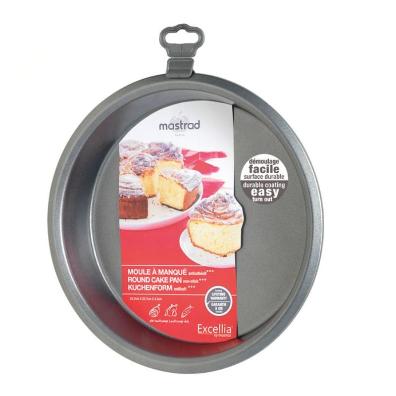 Mastrad Excellia non-stick round cake pan, 25.7 cm, with durable stainless steel and easy-release double-layer coating.