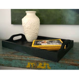 Set of 2 elegant wooden black trays from recycled timber, perfect for serving and home organization.