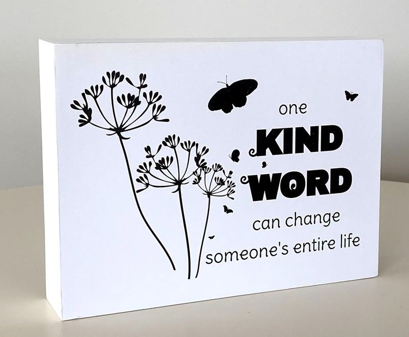 Set of 2 MDF art blocks (20cm) featuring uplifting phrases for home or office decor, promoting positivity and mindfulness.