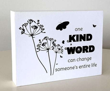 Set of 2 MDF art blocks (20cm) featuring uplifting phrases for home or office decor, promoting positivity and mindfulness.