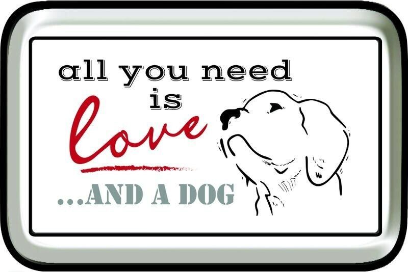 Set of 3 whimsical tin wall plaques featuring dog-themed art and heartfelt quotes, perfect for dog lovers' decor.