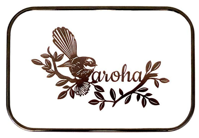 Set of three 30cm tin wall plaques featuring elegant Fantail Aroha designs, symbolizing love and connection.