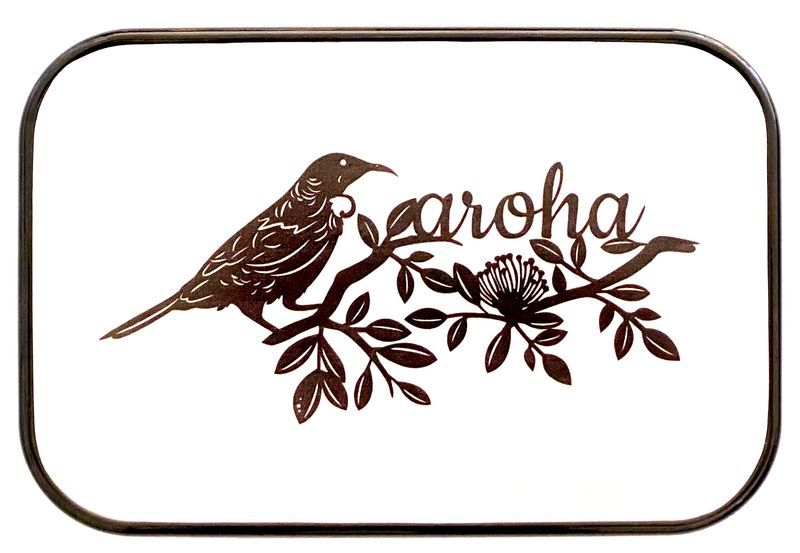 Set of 3 tin wall plaques featuring Tui bird and Aroha symbolism, perfect for vibrant Kiwi-inspired home decor.