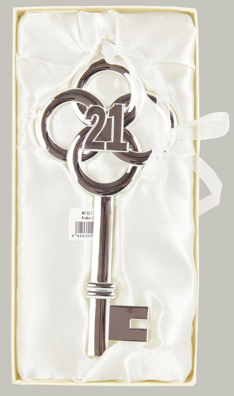 Elegant silver 21st Birthday Key, 9cm x 20cm, crafted from metal and enamel, perfect keepsake gift in a beautiful box.
