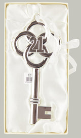 Elegant silver 21st Birthday Key, 9cm x 20cm, crafted from metal and enamel, perfect keepsake gift in a beautiful box.