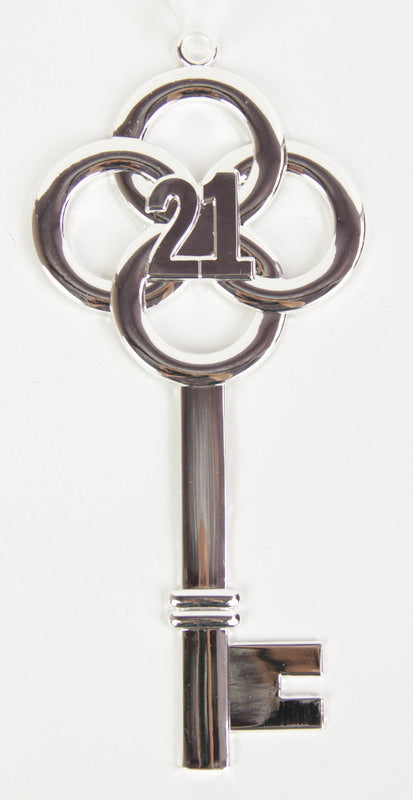 Elegant silver 21st birthday key, crafted from metal and enamel, perfect as a keepsake or decorative gift.