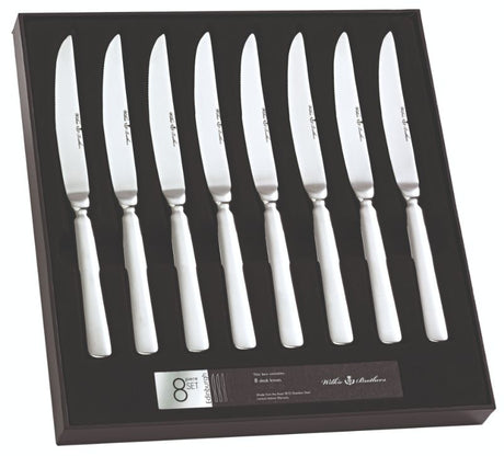 Elegant 8-piece steak knife set crafted from premium 18/10 stainless steel, featuring a mirror finish for upscale dining.