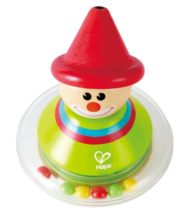 Colorful wooden Roly-Poly Ralph teether with a rocking base, rattling beads, and a friendly spinning head for sensory play.