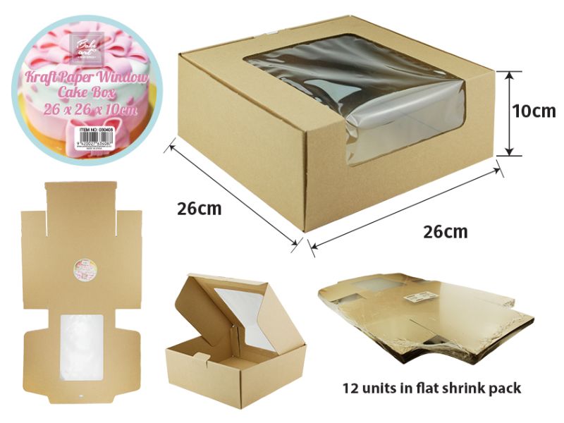 Kraft paper cake box with window, 26cm size, ideal for showcasing cakes and pastries, pack of 12 for any occasion.