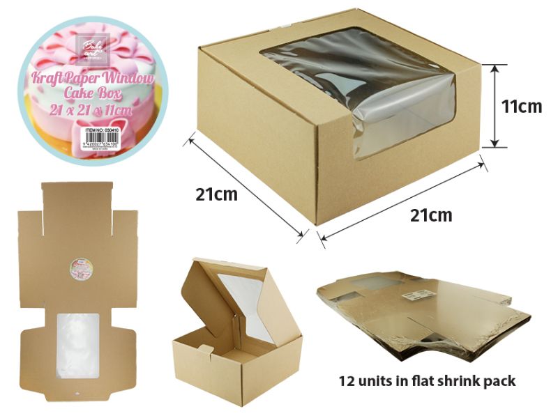 Kraft paper window cake box set of 12, ideal for showcasing cakes and treats, measuring 21 x 21 x 11 cm.
