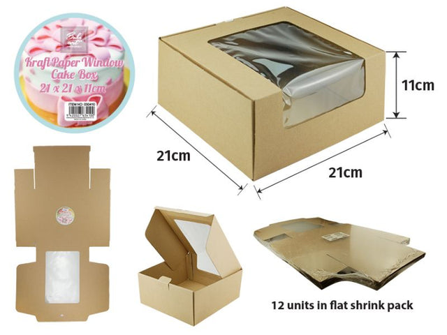 Kraft paper window cake box set of 12, ideal for showcasing cakes and treats, measuring 21 x 21 x 11 cm.