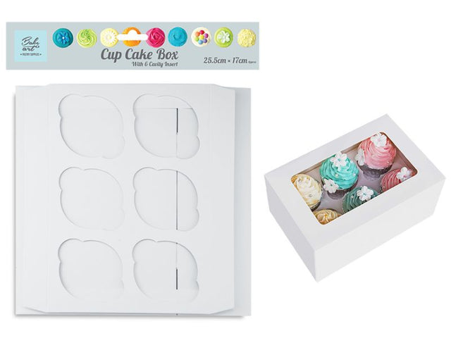 White cupcake box holding 6 cakes, perfect for transport and display, available in bulk sets of 24 units.