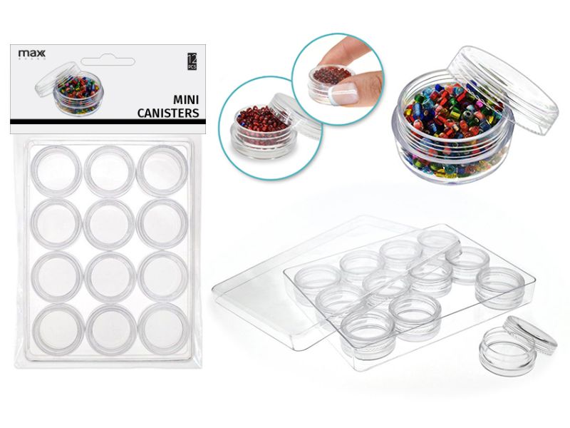 Clear plastic mini canisters, 30cm each, for versatile storage of small items. Set of 144 for efficient organization.