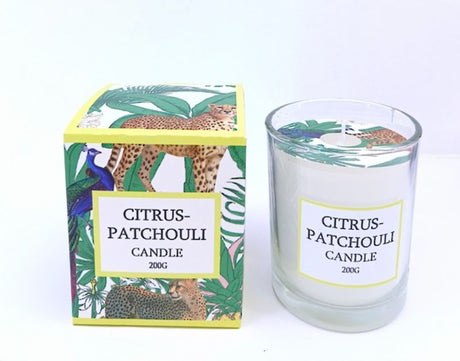 Scented Candle 200g in Citrus Patchouli, featuring vibrant citrus and earthy patchouli for a refreshing, relaxing ambiance.