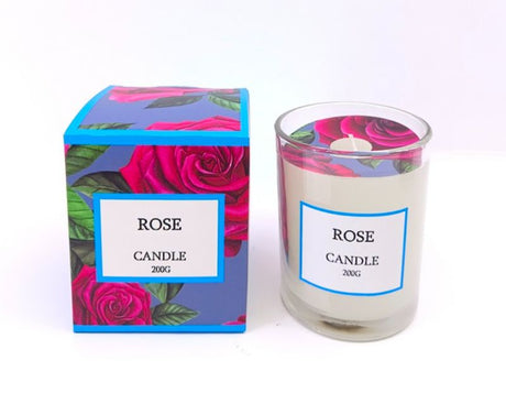 Luxurious 200g Rose Scented Candle in a chic glass container, ideal for relaxation and home decor.