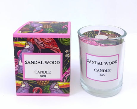 Hand-poured 200g Sandal Wood scented candle, offering a warm, earthy aroma for relaxation and ambiance enhancement.