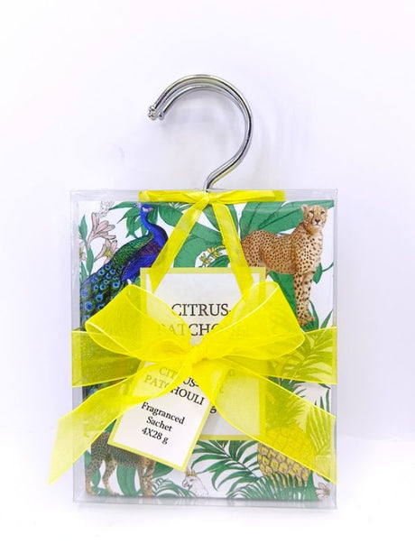 Citrus patchouli wardrobe sachets in a pack of 4, providing a refreshing aroma for closets and storage spaces.